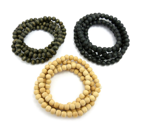 3 Piece 8mm 36" Wood Bead Necklace Set in Black, Olive and Natural