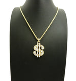 Stone Stud Dollar Sign Micro Pendant with Rope Chain Necklace, Gold-Tone