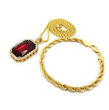 Faux Ruby Stone Pendant 2mm 24" Rope Chain Necklace & 5mm 8" Rope Chain Bracelet Set in Gold-Tone