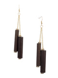 Women's Wood Cylinder Mini Stone Stud Ends Link Chain Dangle Pierced Earrings, Brown