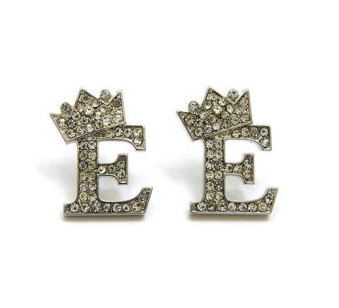 Stone Stud Tilted Crown Initial Pierced Earrings, E/Silver-Tone
