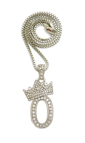 Stone Stud Tilted Crown Number Pendant with 2mm 24" Box Chain Necklace, 0, Silver-Tone