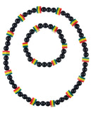 Unisex Rasta Black Bead Stretch Necklace and Bracelet Set, Block