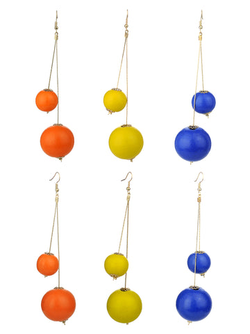 Women's Fashion Dual Wooden Ball Dangle Pierced Earrings Set, Orange/Yellow/Blue