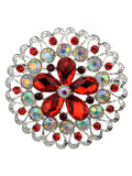 NYFASHION101 Elegant Formal Star Flower Rhinestone Studded Round Brooch Pin, Red/Silver-Tone