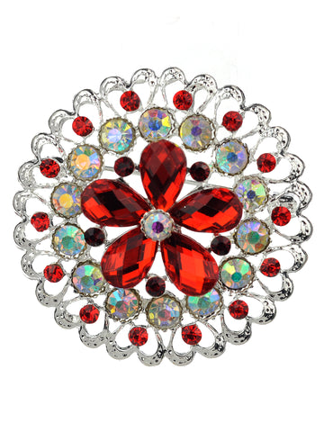 NYFASHION101 Elegant Formal Star Flower Rhinestone Studded Round Brooch Pin, Red/Silver-Tone