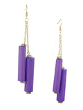 Women's Wood Cylinder Mini Stone Stud Ends Link Chain Dangle Pierced Earrings, Purple