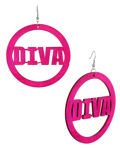 Women's Diva Encircled Wood Dangle Pierced Earrings, Hot Pink