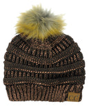 NYFASHION101 Soft Stretch Cable Knit Faux Fur Pom Pom Metal Color Beanie Hat