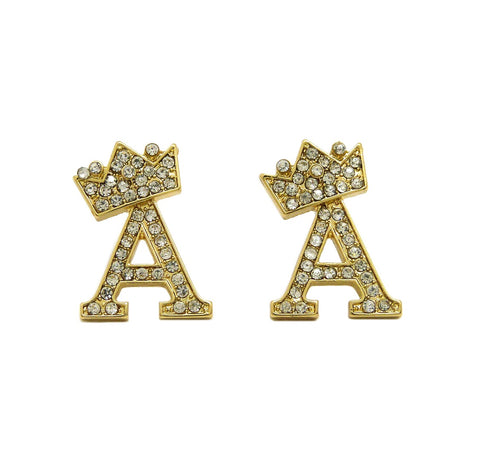 Stone Stud Tilted Crown Initial Pierced Earrings, A/Gold-Tone