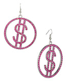 Women's Stone Stud Encircled Dollar Sign Money Symbol Dangle Pierced Earrings, Pink/Silver-Tone
