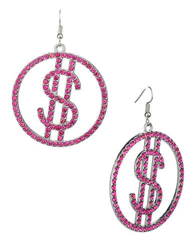 Women's Stone Stud Encircled Dollar Sign Money Symbol Dangle Pierced Earrings, Pink/Silver-Tone