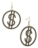 Women's Stone Stud Encircled Dollar Sign Money Symbol Dangle Pierced Earrings, Black/Gold-Tone
