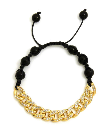 Hip Hop Rapper's Style 10mm Iced Out Cuban Link and 8mm Black Stone Bead Adjustable Knotted Bracelet, Gold-Tone, XB446G