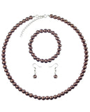 Women's 7mm Simulated Pearl Necklace with Stretch Bracelet and Ball Earrings