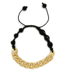 Hip Hop Rapper's Style 10mm Iced Out Cuban Link and 8mm Black Stone Bead Adjustable Knotted Bracelet, Gold-Tone, XB448G