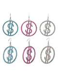 Women's Stone Stud Encircled Dollar Sign Money Symbol Dangle Pierced Earrings Set, Blue/Pink/Aurora Borealis