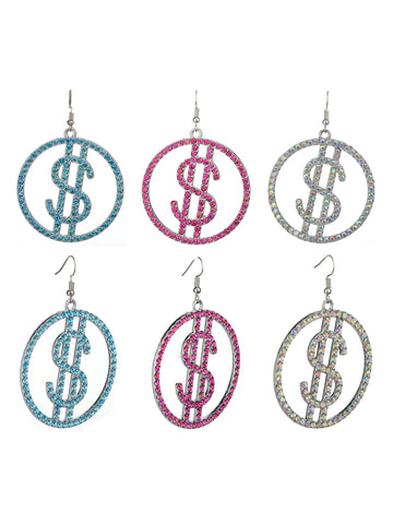 Women's Stone Stud Encircled Dollar Sign Money Symbol Dangle Pierced Earrings Set, Blue/Pink/Aurora Borealis