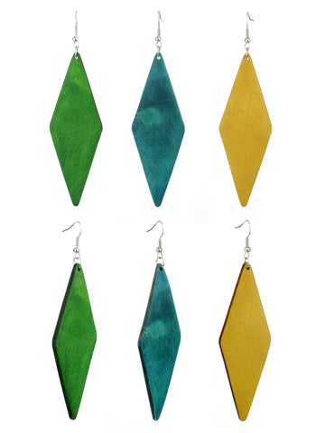 Women's Wooden Elongated Diamond Shape Dangle Pierced Earrings Set, Green/Teal/Mustard