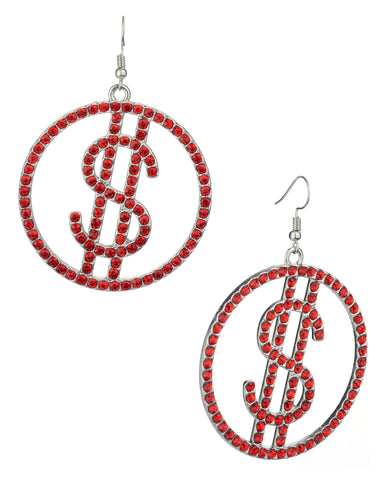 Women's Stone Stud Encircled Dollar Sign Money Symbol Dangle Pierced Earrings, Red/Silver-Tone