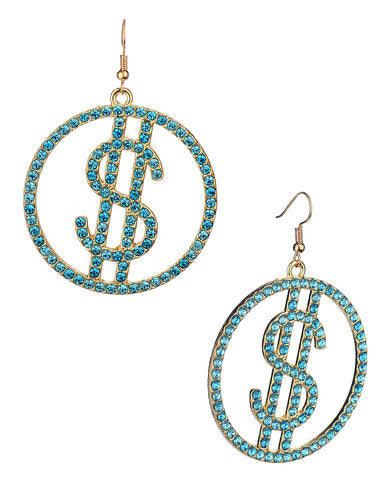 Women's Stone Stud Encircled Dollar Sign Money Symbol Dangle Pierced Earrings, Blue/Gold-Tone