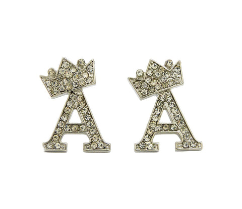 Stone Stud Tilted Crown Initial Pierced Earrings, A/Silver-Tone