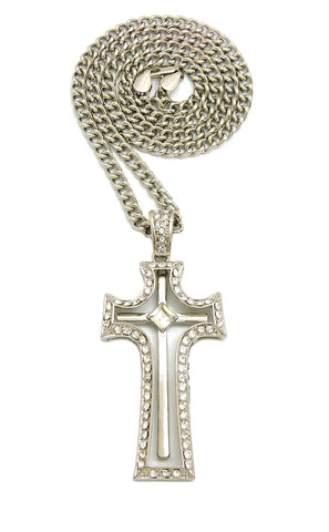Stone Stud Double Cross Pendant with 5mm 24" Cuban Chain Necklace, Silver-Tone