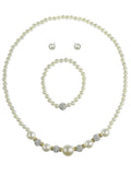 Women's Simulated Pearl with Stone Stud Bead Necklace Bracelet and Earring Set, Silver-Tone