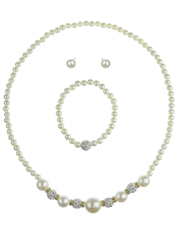 Women's Simulated Pearl with Stone Stud Bead Necklace Bracelet and Earring Set, Silver-Tone