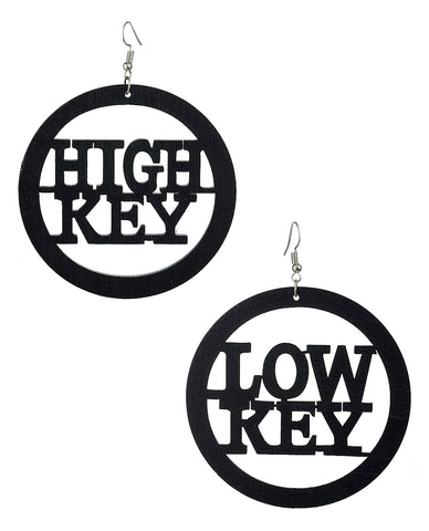 Women's High Key Low Key Phrase Encircled Wood Dangle Pierced Earrings, Black