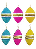 Women's Linked Rounded Diamond Shape Wood Dangle Pierced Earrings Set, Turquoise/Hot Pink/Yellow