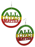 Women's Rasta Slogan All Lives Matter Wood Encircled Dangle Pierced Earrings