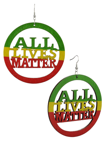 Women's Rasta Slogan All Lives Matter Wood Encircled Dangle Pierced Earrings