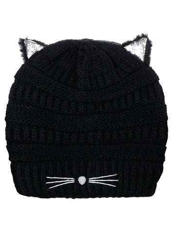 D&Y Cable Knit Stretchy Beanie With Sequins Sparkle Cat Ears & Nose Whisker Embroidery