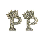 Stone Stud Tilted Crown Initial Pierced Earrings, P/Silver-Tone