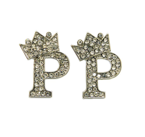 Stone Stud Tilted Crown Initial Pierced Earrings, P/Silver-Tone