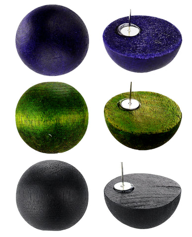 Women's Fashion Chic Wood Ball Stud Pierced Earrings 3 Pair Set, Dark Purple/Olive/Black