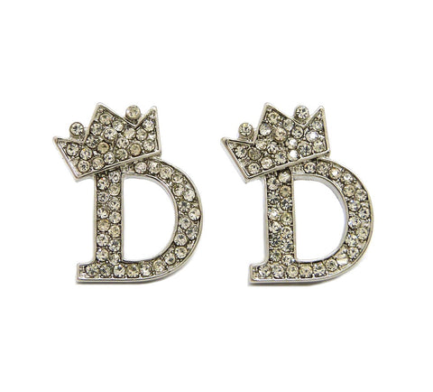 Stone Stud Tilted Crown Initial Pierced Earrings, D/Silver-Tone