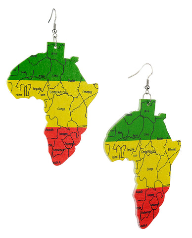 Women's Rasta Africa Continent Wood Pierced Dangle Earrings, Map
