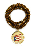 Stone Stud Puerto Rico Waving Flag Medal Pendant with 6mm 30" Wood Bead Color Disc Necklace, Brown Wood/Gold-Tone