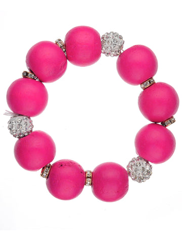 Women's Wood Round Ball Shamballa Fashion Stretch Bracelet, Hot Pink