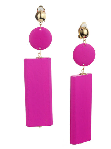 Women's Wood Geometric Round and Rectangular Clip On Earrings, Hot Pink