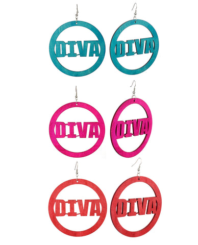 Women's Diva Encircled Wood Dangle Pierced Earrings Set, Turquoise/Hot Pink/Red