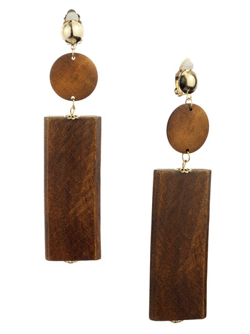 Women's Wood Geometric Round and Rectangular Clip On Earrings, Light Brown