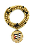 Stone Stud Waving Flag Medal Pendant with 6mm 30" CCB Bead Necklace in Gold-Tone, Cuba