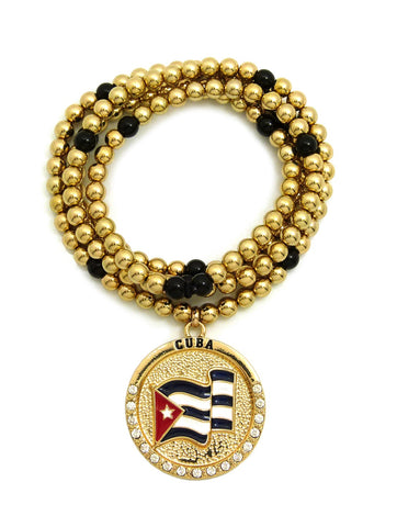 Stone Stud Waving Flag Medal Pendant with 6mm 30" CCB Bead Necklace in Gold-Tone, Cuba