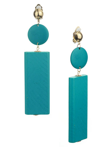 Women's Wood Geometric Round and Rectangular Clip On Earrings, Teal