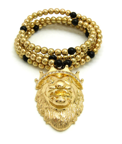 Stone Stud Crown King Lion Pendant with 6mm 30" CCB Bead Necklace, Gold-Tone