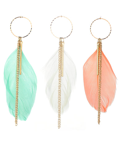 Women's Bohemian Feather Bar Link Chain Dangle Pierced Earrings Set, Mint/Ivory/Peach