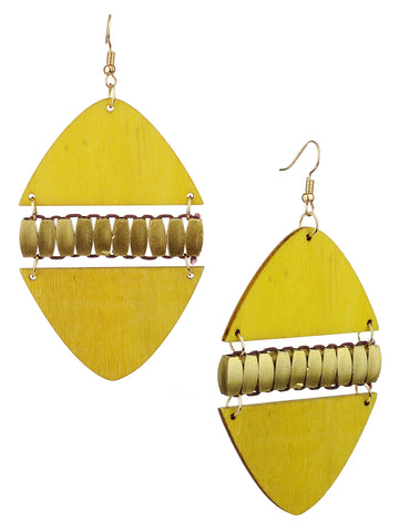 Women's Linked Rounded Diamond Shape Wood Dangle Pierced Earrings, Yellow